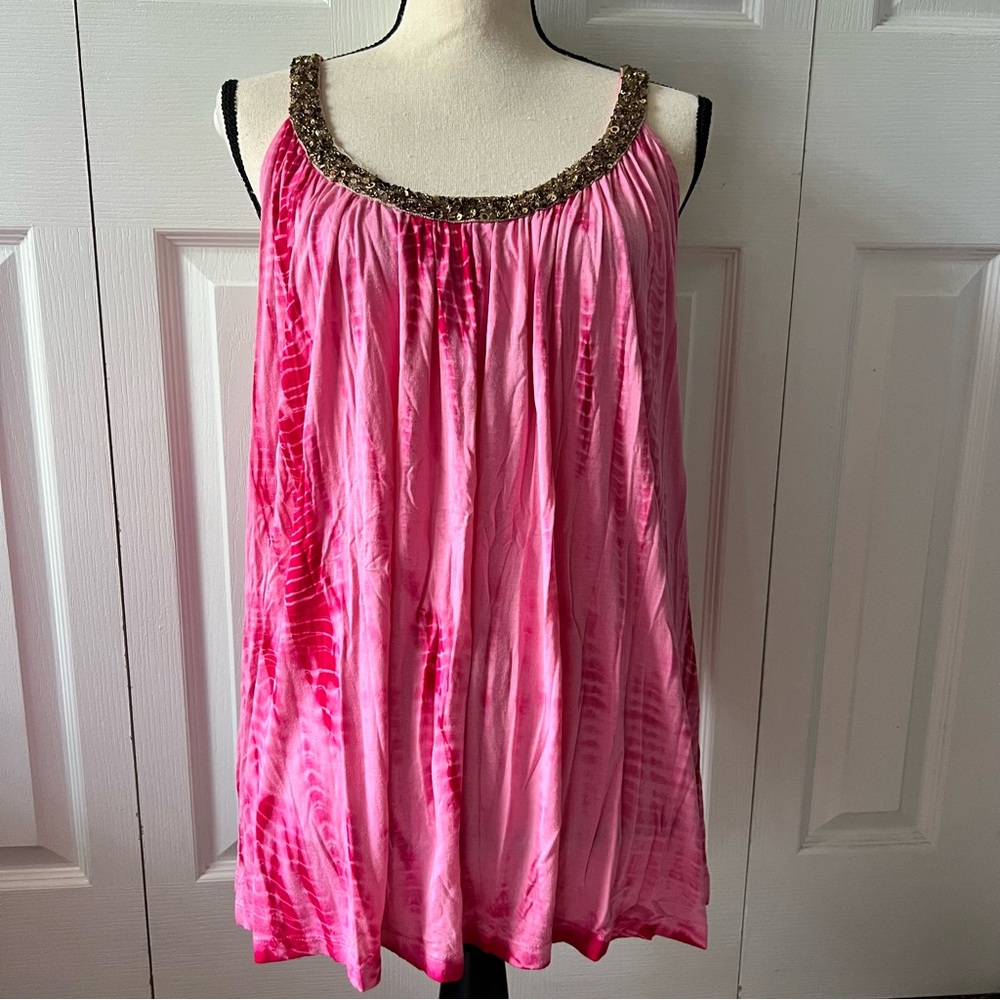 Velvet Fuchsia Tie Dye Tank Top with Gold Beaded Neckline Boho Gypsy Size L